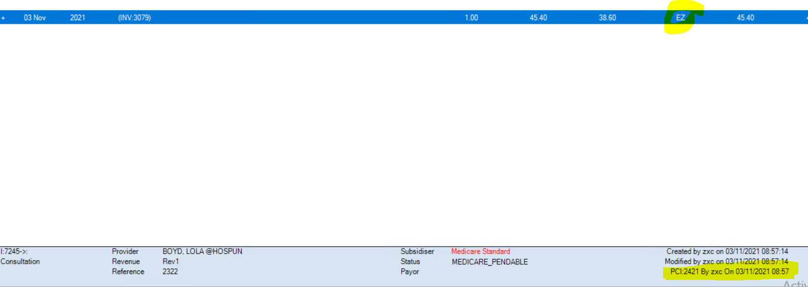 Pendable claim showing 'Z' in the transaction history